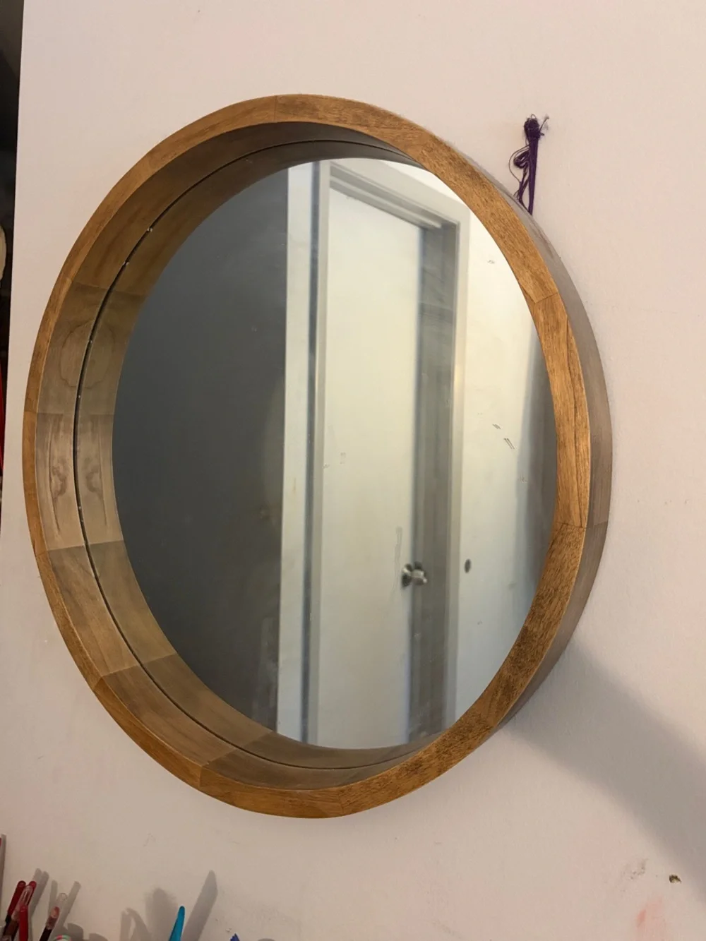 Round Wall Mirror with Natural Brown Wood Frame